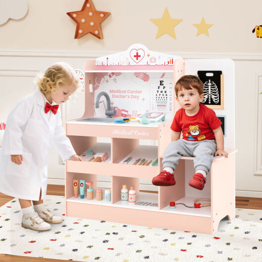 Wooden Doctor Playset with Stethoscope for Toddlers over 3 Years Old-Pink - Color: Pink
