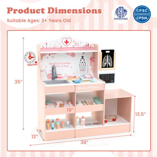 Wooden Doctor Playset with Stethoscope for Toddlers over 3 Years Old-Pink - Color: Pink