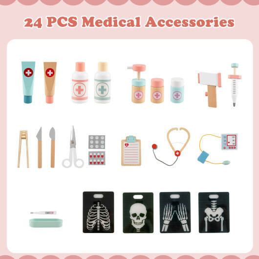 Wooden Doctor Playset with Stethoscope for Toddlers over 3 Years Old-Pink - Color: Pink