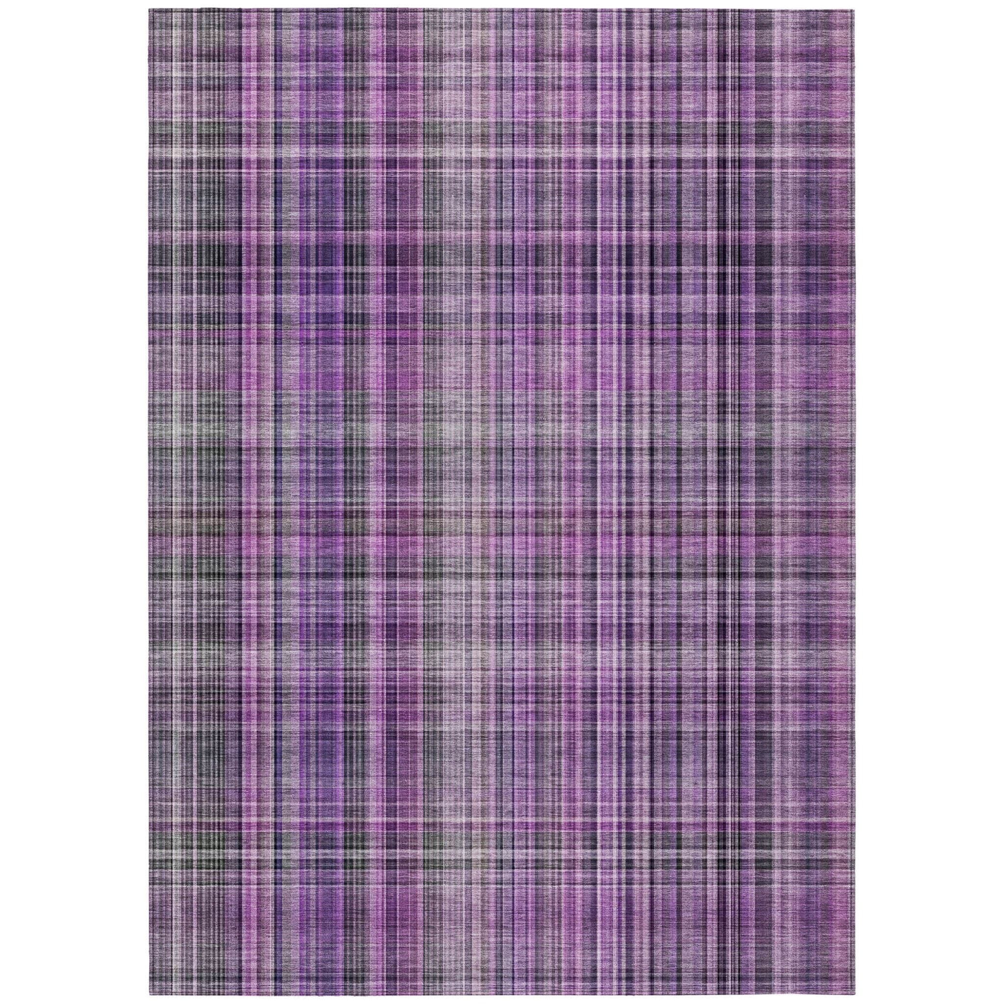 5' X 8' Purple and Gray Plaid Washable Non Skid Indoor Outdoor Area Rug