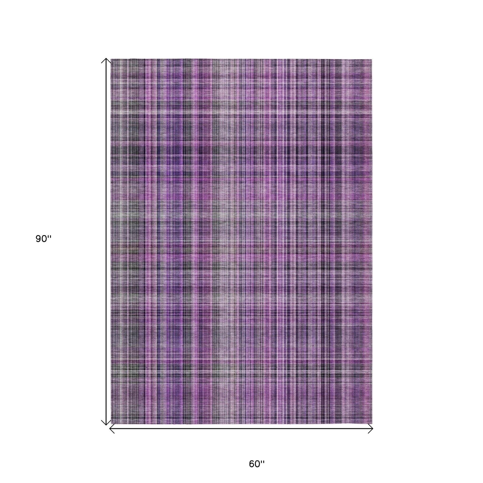 5' X 8' Purple and Gray Plaid Washable Non Skid Indoor Outdoor Area Rug