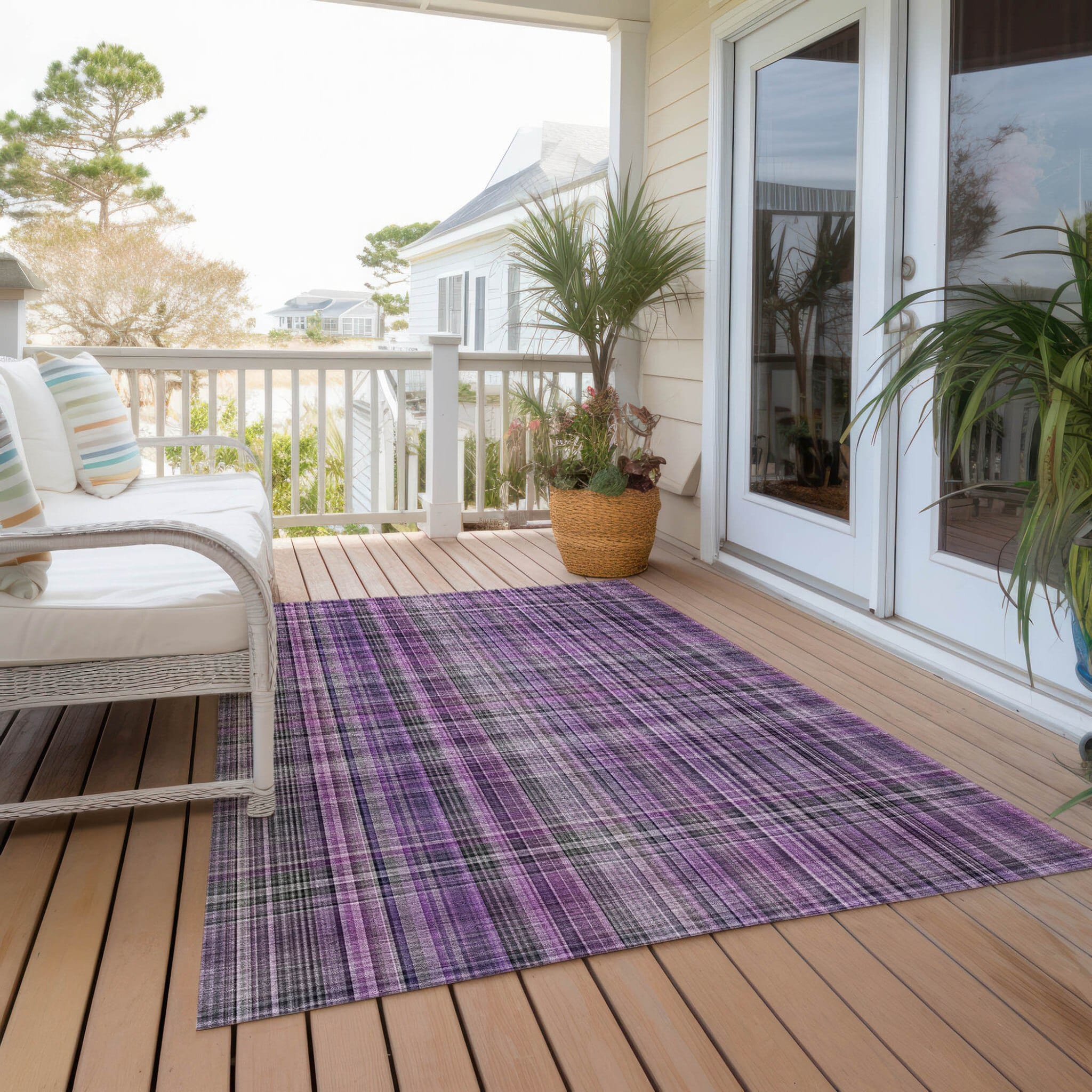 5' X 8' Purple and Gray Plaid Washable Non Skid Indoor Outdoor Area Rug
