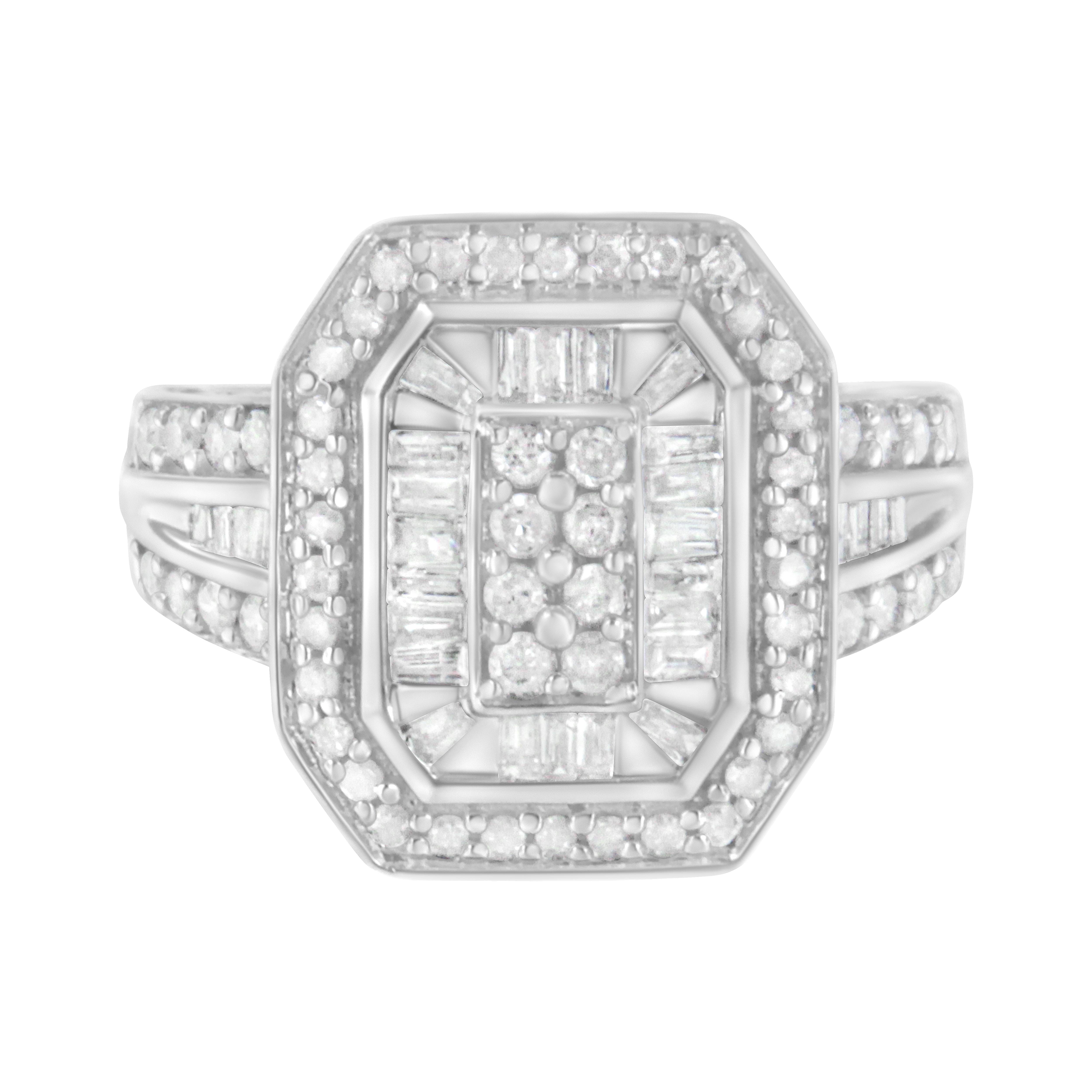 .925 Sterling Silver Round and Baguette Diamond Cathedral Ring (0.75 Cttw, H-I Color, I2-I3 Clarity) - Size 6-1/2