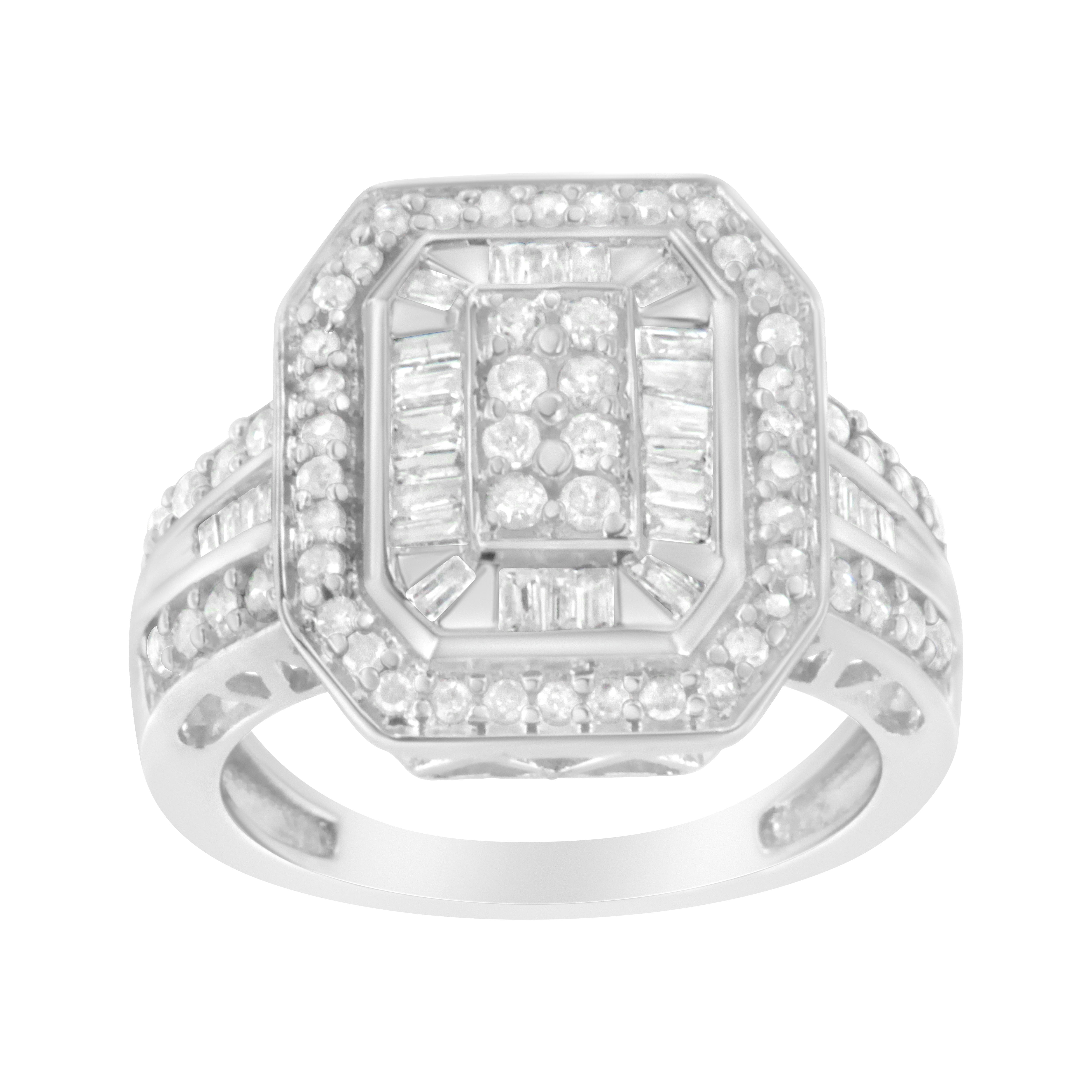 .925 Sterling Silver Round and Baguette Diamond Cathedral Ring (0.75 Cttw, H-I Color, I2-I3 Clarity) - Size 6-1/2