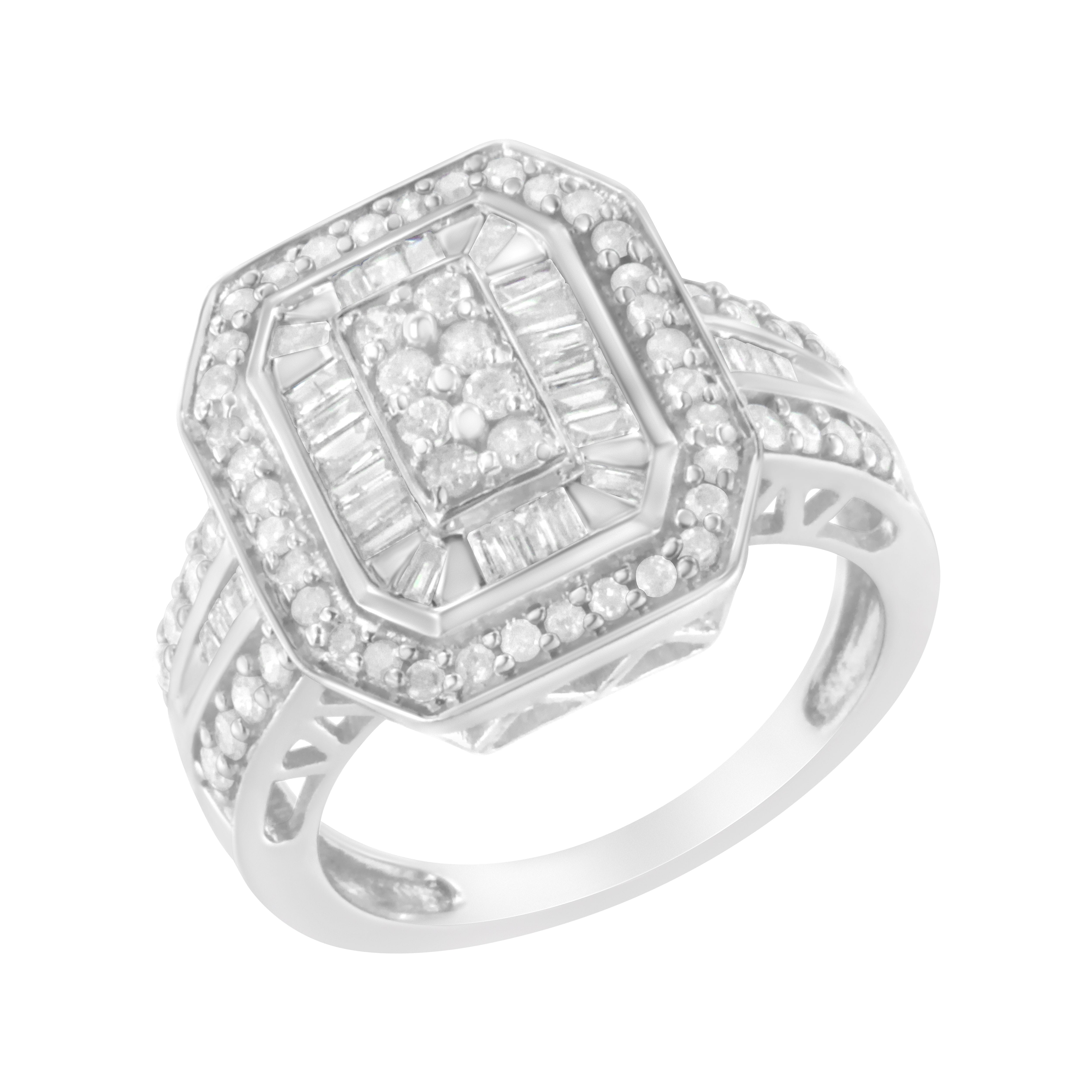 .925 Sterling Silver Round and Baguette Diamond Cathedral Ring (0.75 Cttw, H-I Color, I2-I3 Clarity) - Size 6-1/2