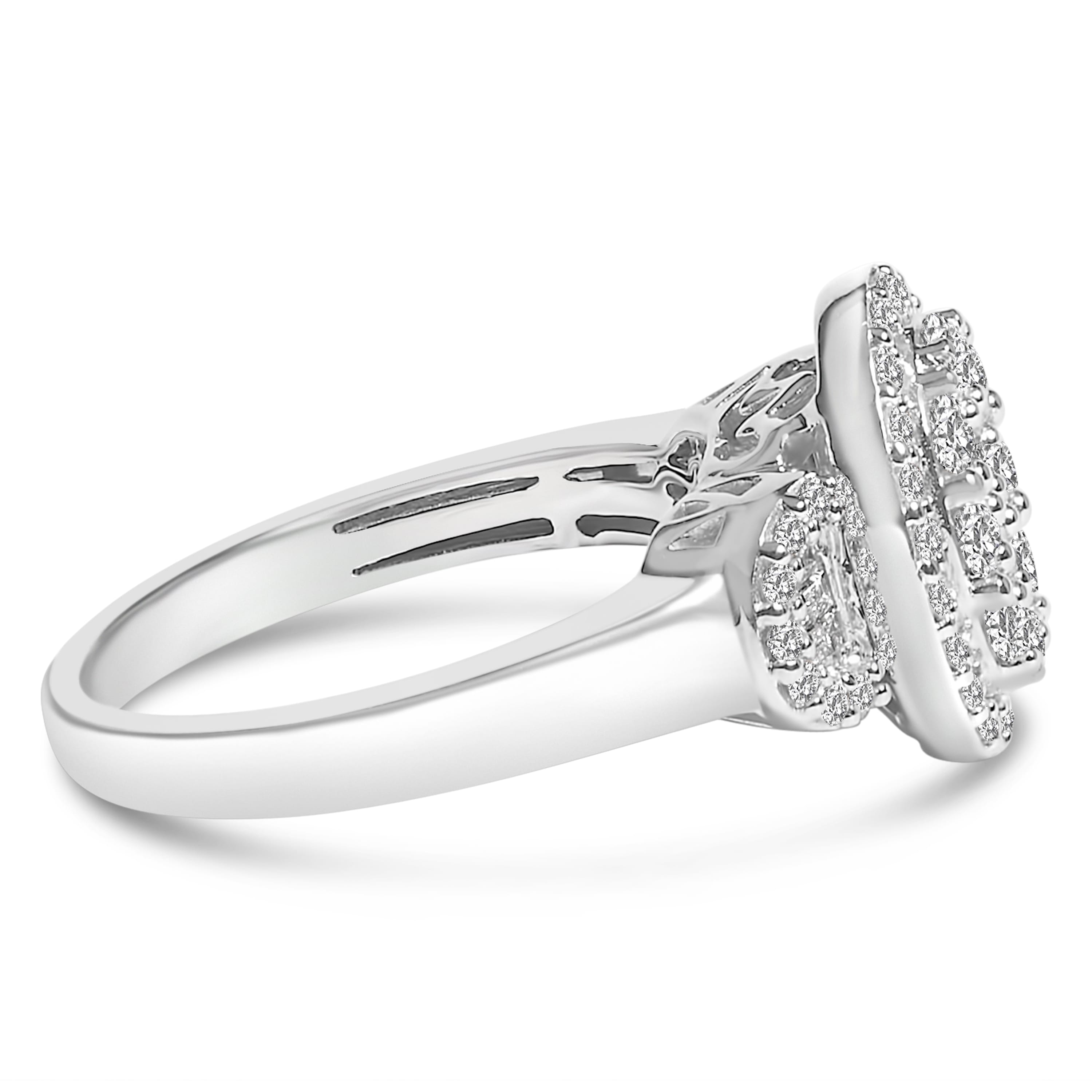 10K White Gold 1.0 Cttw Diamond Oval Cluster with Halo Vintage-Inspired Art Deco Buckle Style Statement Ring (G-H Color, SI1-SI2 Clarity) - Size 7-1/4
