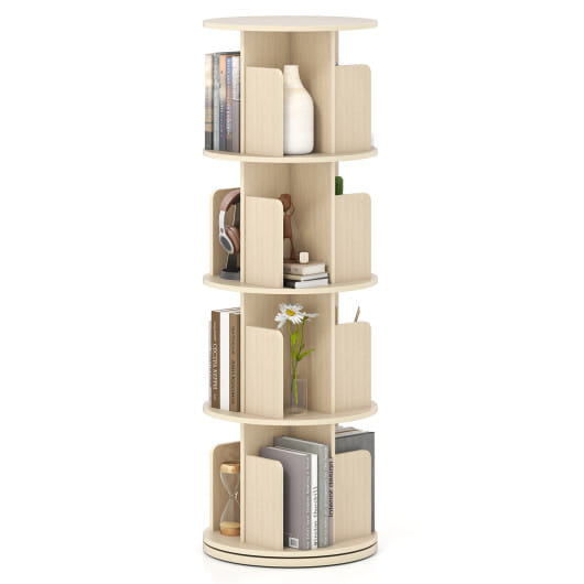 4-Tier Rotating Bookshelf 360?° Display Rack with Dividers and Anti-falling Baffles-Natural