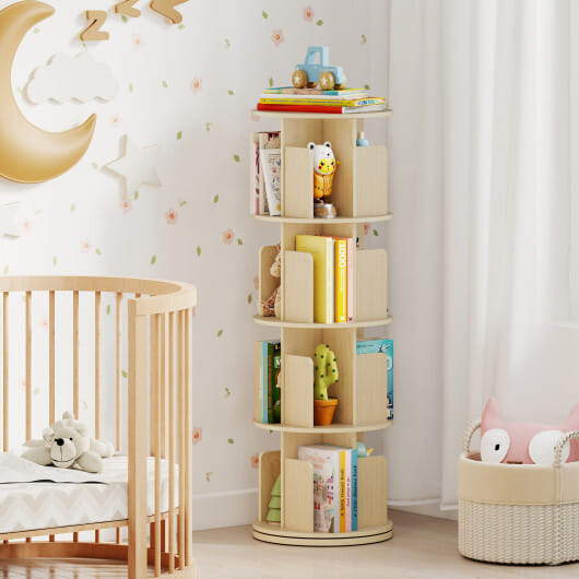 4-Tier Rotating Bookshelf 360?° Display Rack with Dividers and Anti-falling Baffles-Natural