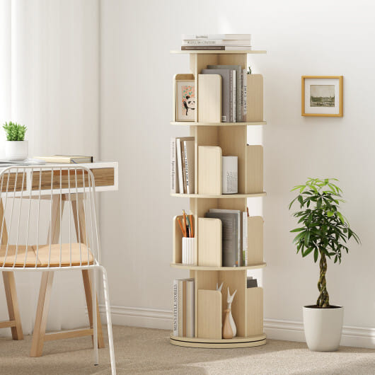 4-Tier Rotating Bookshelf 360?° Display Rack with Dividers and Anti-falling Baffles-Natural