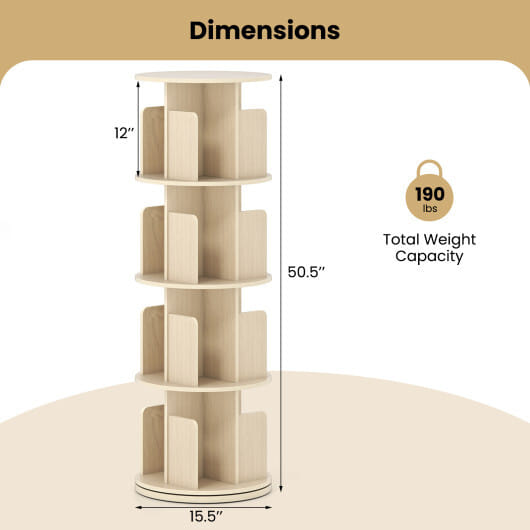 4-Tier Rotating Bookshelf 360?° Display Rack with Dividers and Anti-falling Baffles-Natural