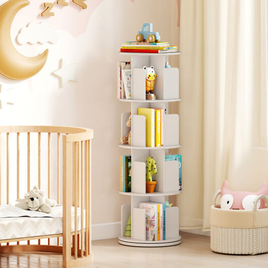4-Tier Rotating Bookshelf 360?° Display Rack with Dividers and Anti-falling Baffles-Natural