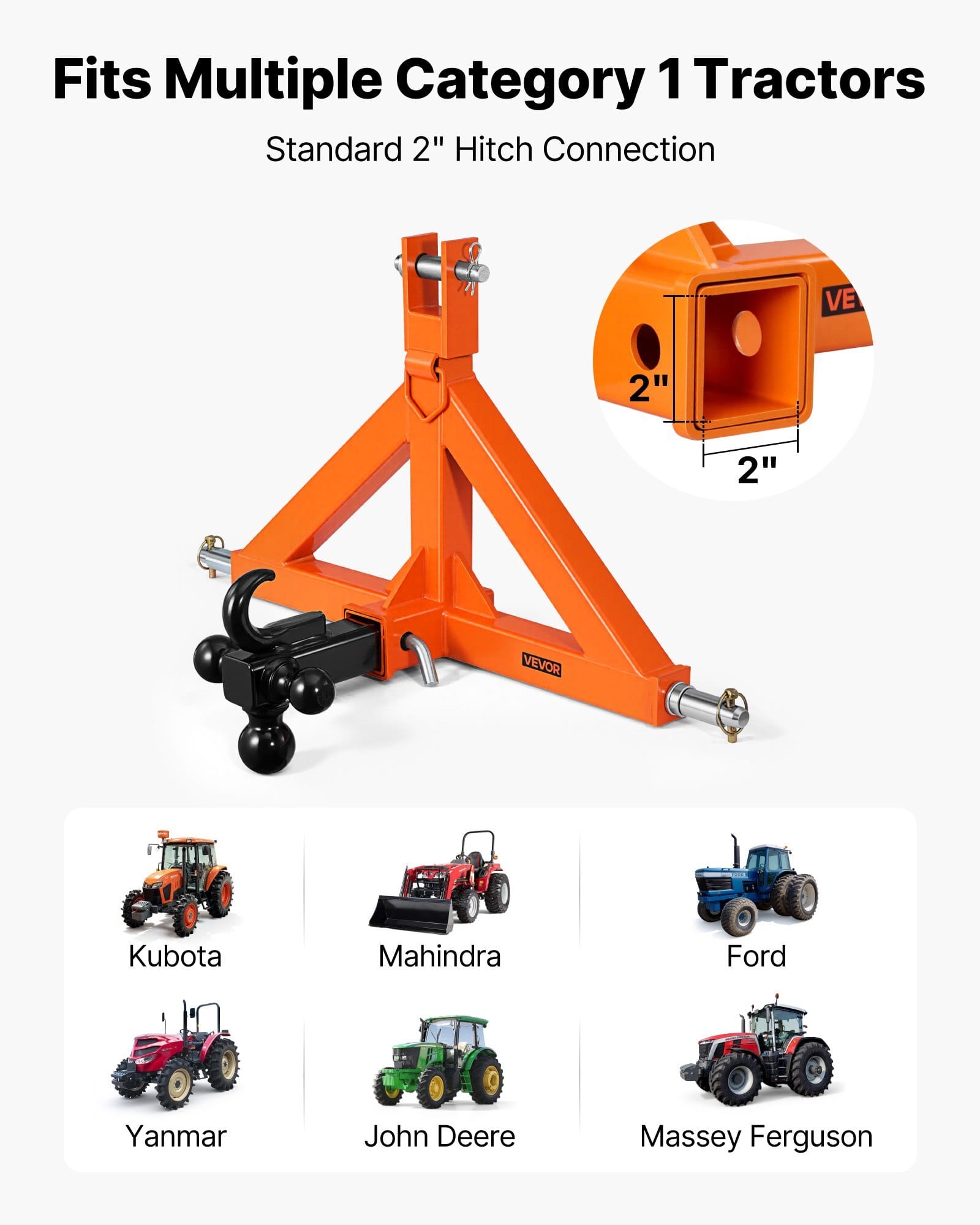 3 Point Trailer Hitch with 2" Receiver, 3 Pt Quick Hitch Attachment with 3 Trailer Balls, Tractor Tow Drawbar Adapter for Category 1, Kubota, Mahindra, Ford, Yanmar, John Deere, Massey Ferguson