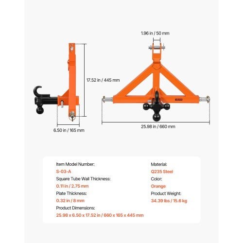 3 Point Trailer Hitch with 2" Receiver, 3 Pt Quick Hitch Attachment with 3 Trailer Balls, Tractor Tow Drawbar Adapter for Category 1, Kubota, Mahindra, Ford, Yanmar, John Deere, Massey Ferguson