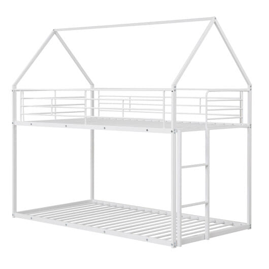 Twin Over Twin Metal Bunk Bed with Roof and Ladder-White - Color: White