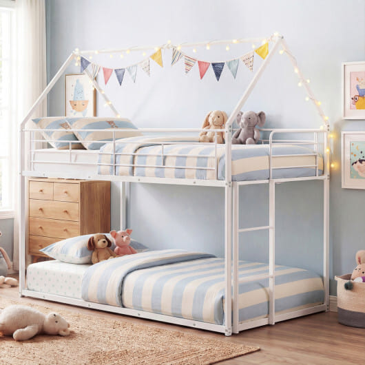 Twin Over Twin Metal Bunk Bed with Roof and Ladder-White - Color: White