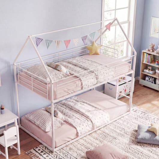 Twin Over Twin Metal Bunk Bed with Roof and Ladder-White - Color: White