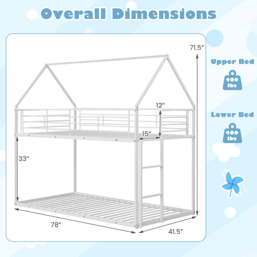 Twin Over Twin Metal Bunk Bed with Roof and Ladder-White - Color: White
