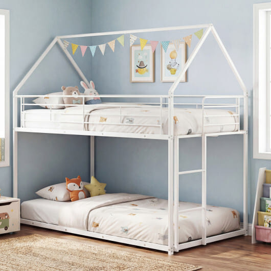 Twin Over Twin Metal Bunk Bed with Roof and Ladder-White - Color: White
