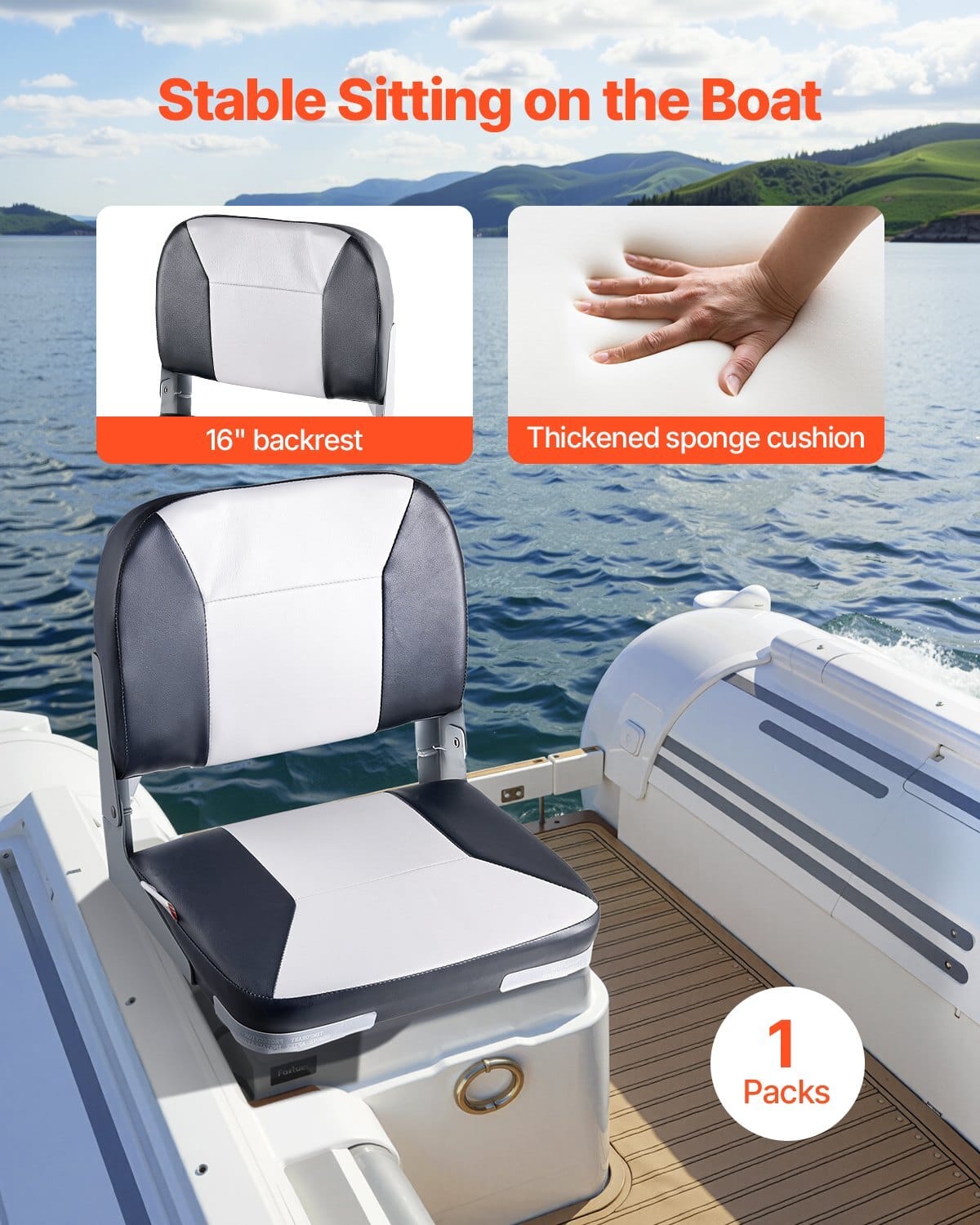 Boat Seat, Low Backrest, Folding Fishing Boat Seat with Thickened Sponge Cushion & Waterproof PVC Leather, Aluminum Alloy Hinges, Flip Up Boat Seat for Fishing Boats, Yachts, Ships, Black & Grey