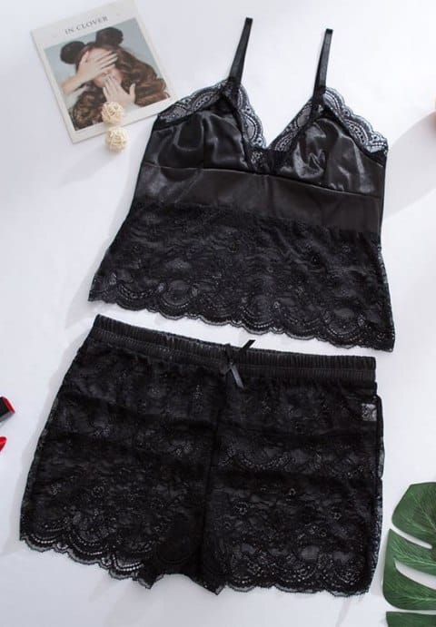 Women Lace Lingerie Sexy Tops + Shorts Nightwear Sleepwear Pajamas Set