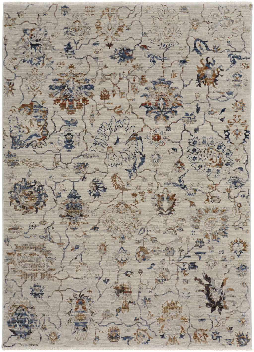 8' X 10' Ivory and Blue Floral Power Loom Distressed Non Skid Area Rug With Fringe