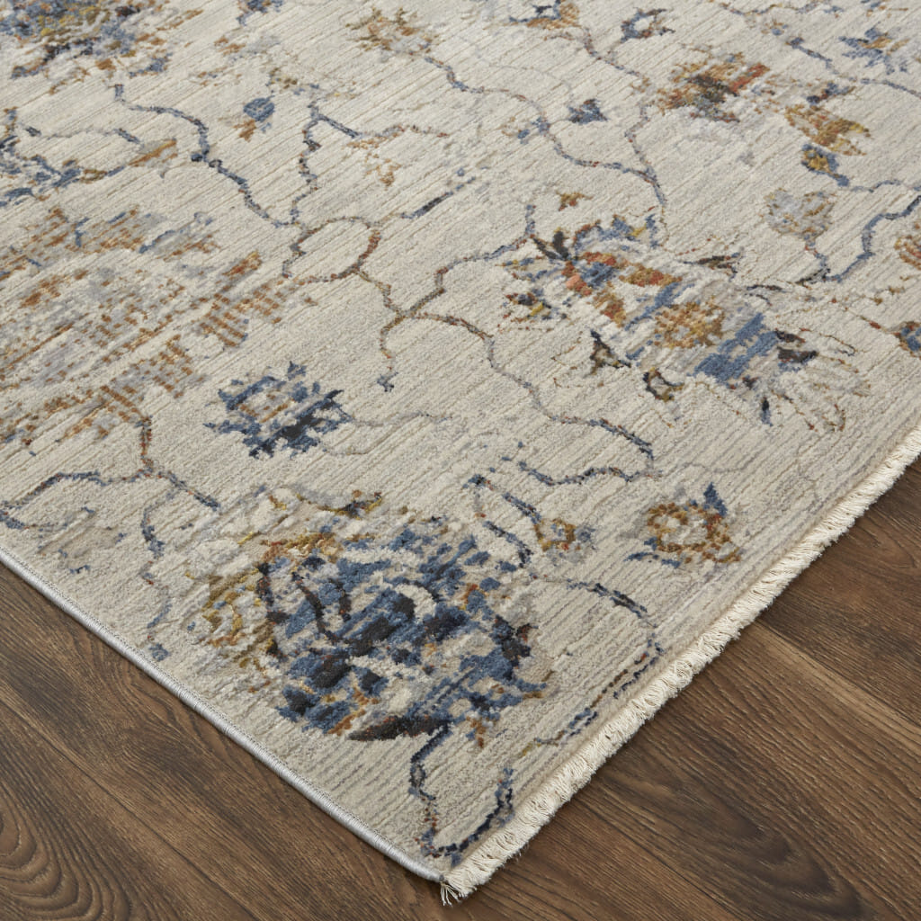 8' X 10' Ivory and Blue Floral Power Loom Distressed Non Skid Area Rug With Fringe