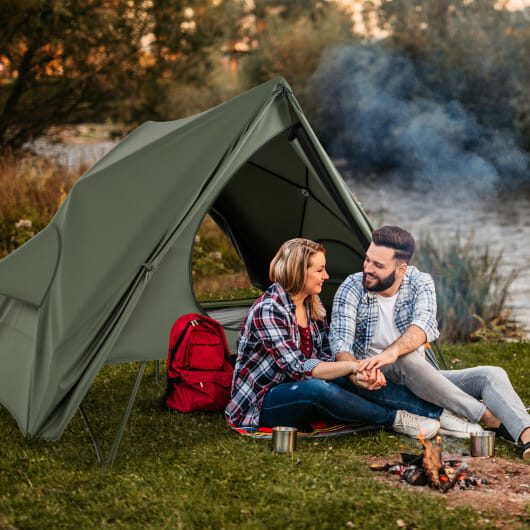 Foldable 2-Person Camping Cot Tent with Pop-up Tent Shelter and Portable Wheeled Bag-Green - Color: Green