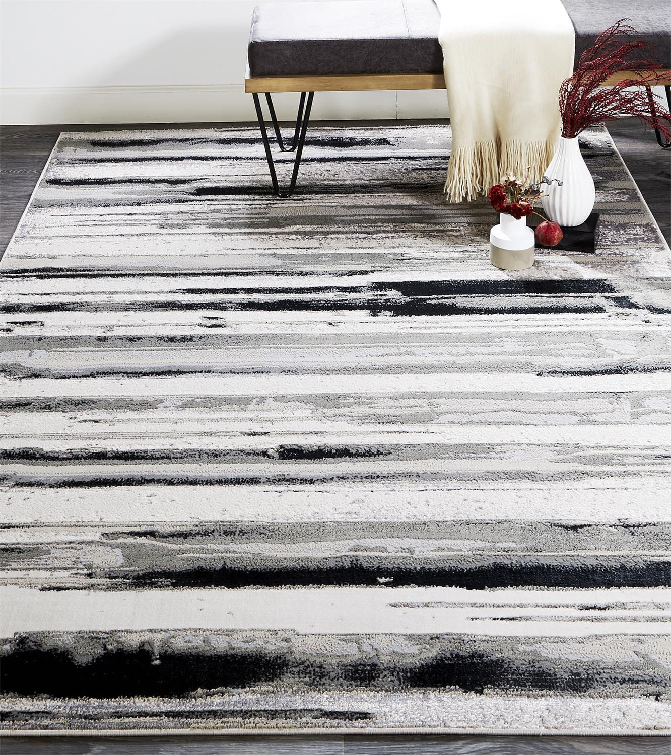 12' X 18' Silver Gray And Black Abstract Area Rug