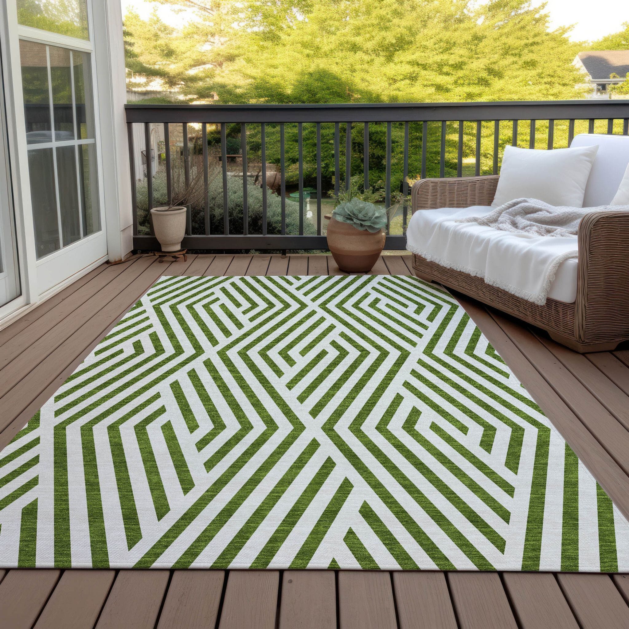 10' X 14' Lime Green and White Geometric Washable Non Skid Indoor Outdoor Area Rug