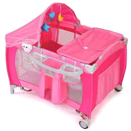 Costway Foldable Baby Crib Playpen Travel Infant Flat Bassinet Bed Mosquito Net Music with Bag Pink - Color: Pink