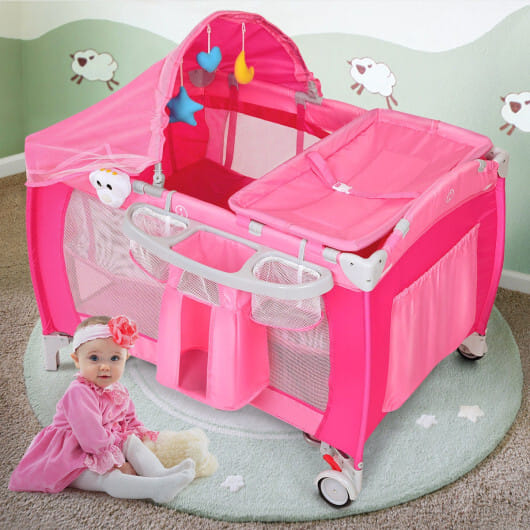 Costway Foldable Baby Crib Playpen Travel Infant Flat Bassinet Bed Mosquito Net Music with Bag Pink - Color: Pink