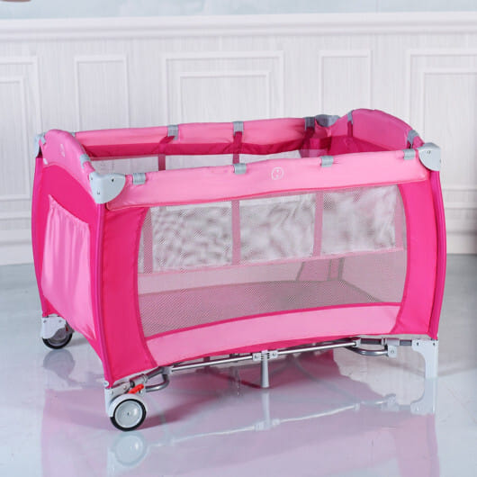 Costway Foldable Baby Crib Playpen Travel Infant Flat Bassinet Bed Mosquito Net Music with Bag Pink - Color: Pink