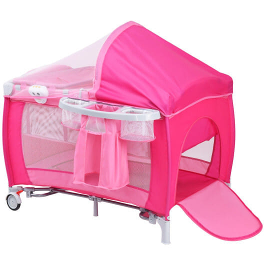 Costway Foldable Baby Crib Playpen Travel Infant Flat Bassinet Bed Mosquito Net Music with Bag Pink - Color: Pink