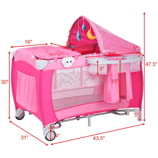 Costway Foldable Baby Crib Playpen Travel Infant Flat Bassinet Bed Mosquito Net Music with Bag Pink - Color: Pink