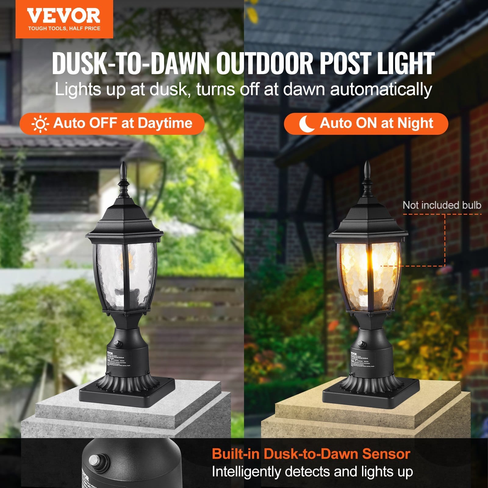 Dusk to Dawn Outdoor Post Light, 15.75 in Height, Waterproof Lamp Post Light Fixture with 5.5 in Pier Mount Base Glass Shade, Lightning-proof Exterior Pole Column Light for Patio Garden Pathway