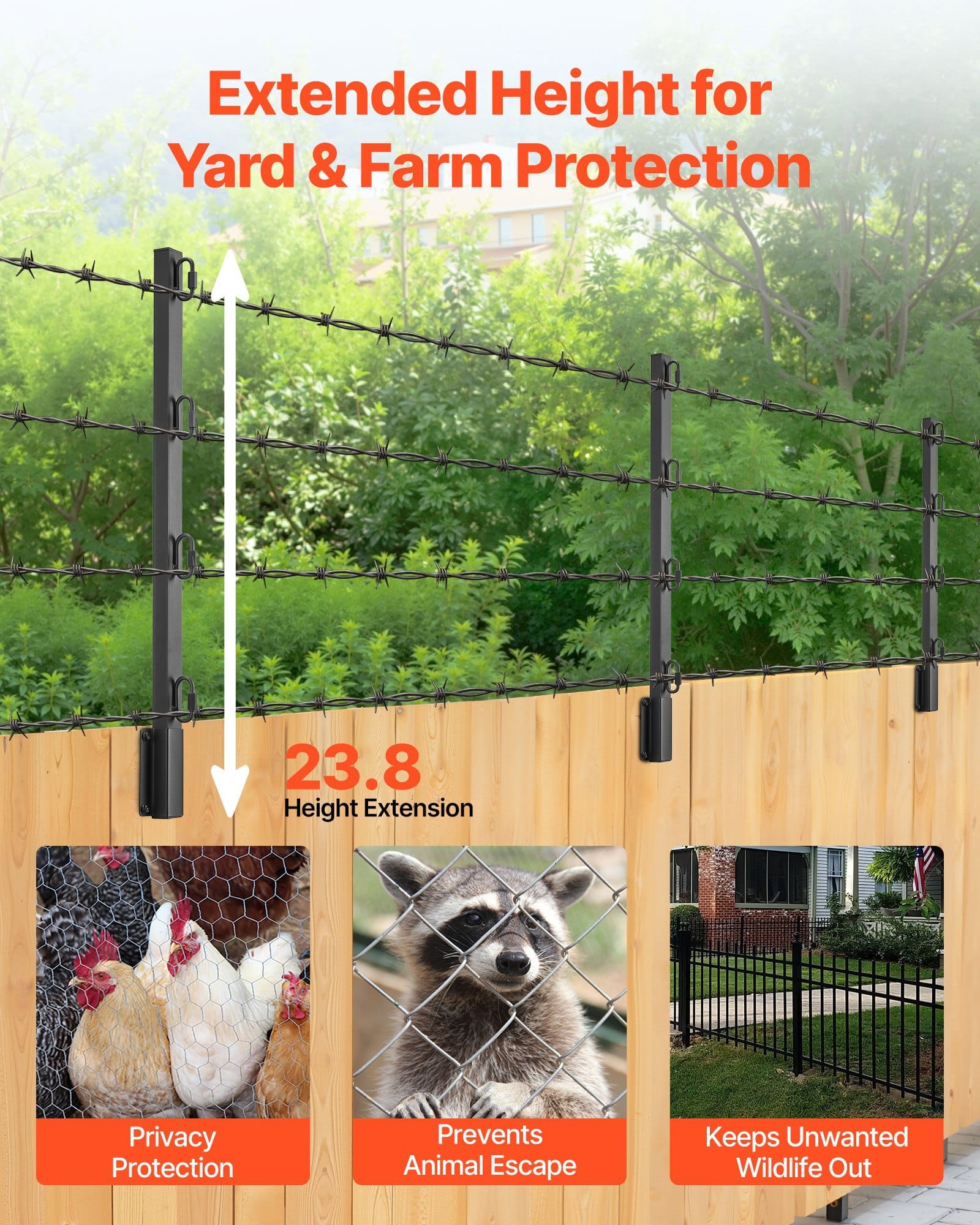 Fence Post Extender, 8 Packs 23.8 in Barbed Wire Arm, Sturdy Steel Fence Height Extender, Flat or Surface Mounted Barbed Wire Extension Arms, Protect Privacy and Prevent Pets Jumping Off