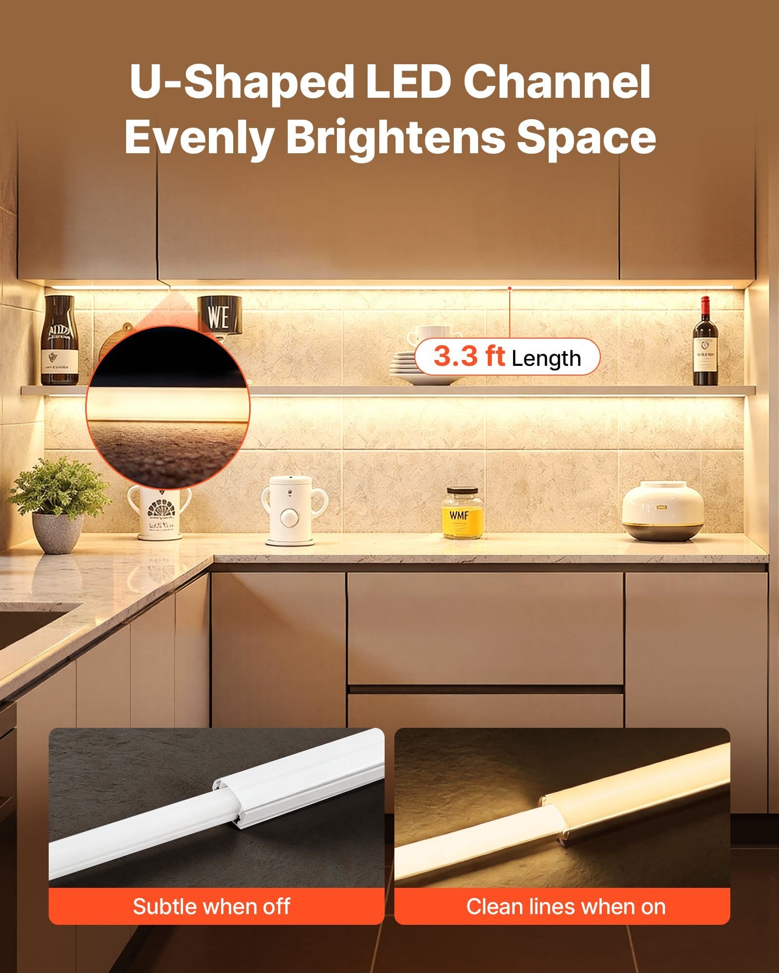 6-Pack 3.3 ft/1M U Shape LED Aluminum Channel, with Milky Cover, End Caps and Mounting Clips, Aluminum Profile for LED Strip Light Installations, Easy Installation, for Under Cabinet Counter