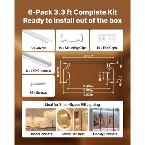 6-Pack 3.3 ft/1M U Shape LED Aluminum Channel, with Milky Cover, End Caps and Mounting Clips, Aluminum Profile for LED Strip Light Installations, Easy Installation, for Under Cabinet Counter