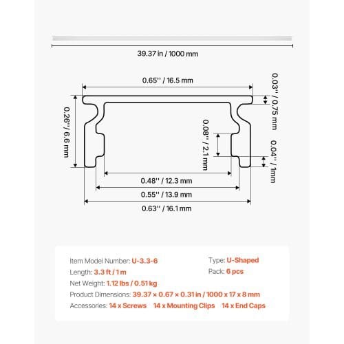 6-Pack 3.3 ft/1M U Shape LED Aluminum Channel, with Milky Cover, End Caps and Mounting Clips, Aluminum Profile for LED Strip Light Installations, Easy Installation, for Under Cabinet Counter
