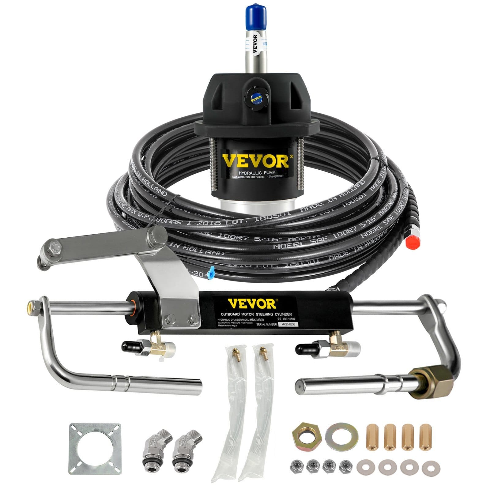 Hydraulic Outboard Steering Kit, 90HP, Marine Boat Hydraulic Steering System, with Helm Pump Two-Way Lock Cylinder and 20 Feet Hydraulic Steering Hose, for Single Station Single-Engine Boats