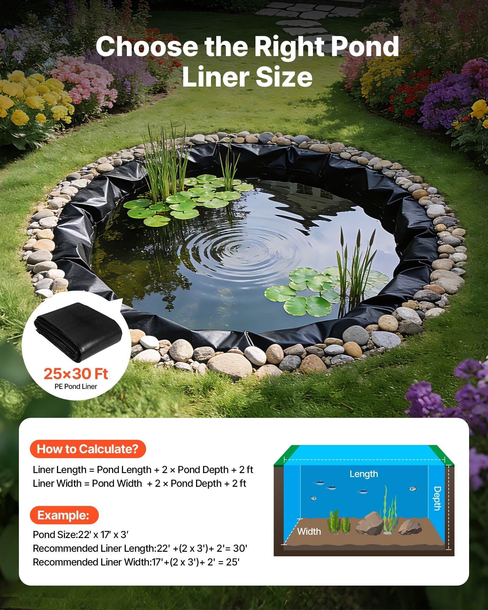25 x 30 ft Pond Liner, 14 Mil Thickness, 3-Layer Reinforced PE Fish Koi Pond Liner for Outdoor Ponds, with Hemmed Edge and 4 Metal Buttonholes, for Water Garden, Waterfall, and Fountains, Black