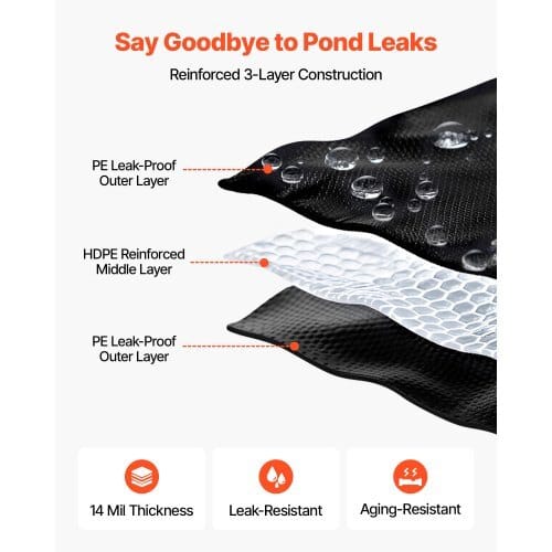 25 x 30 ft Pond Liner, 14 Mil Thickness, 3-Layer Reinforced PE Fish Koi Pond Liner for Outdoor Ponds, with Hemmed Edge and 4 Metal Buttonholes, for Water Garden, Waterfall, and Fountains, Black