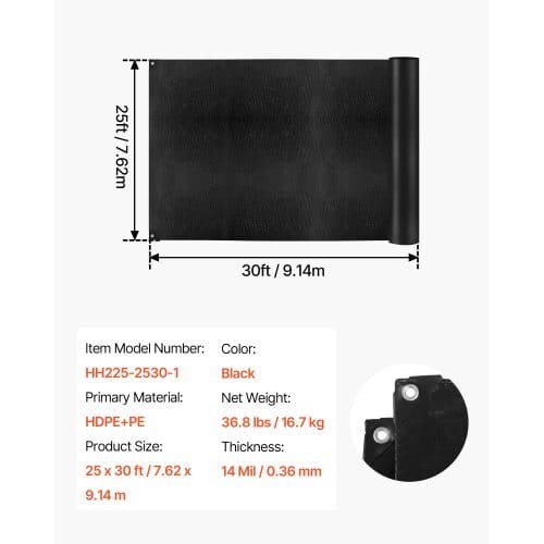 25 x 30 ft Pond Liner, 14 Mil Thickness, 3-Layer Reinforced PE Fish Koi Pond Liner for Outdoor Ponds, with Hemmed Edge and 4 Metal Buttonholes, for Water Garden, Waterfall, and Fountains, Black
