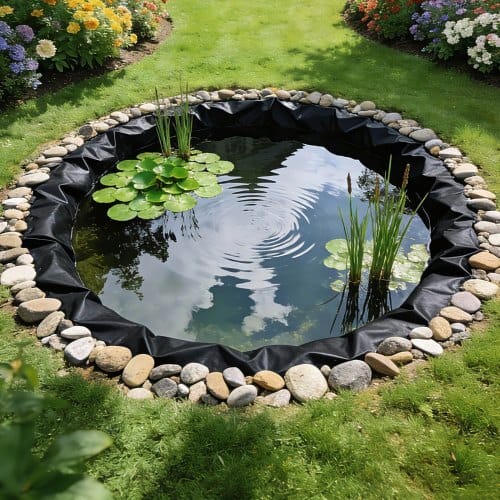25 x 30 ft Pond Liner, 14 Mil Thickness, 3-Layer Reinforced PE Fish Koi Pond Liner for Outdoor Ponds, with Hemmed Edge and 4 Metal Buttonholes, for Water Garden, Waterfall, and Fountains, Black