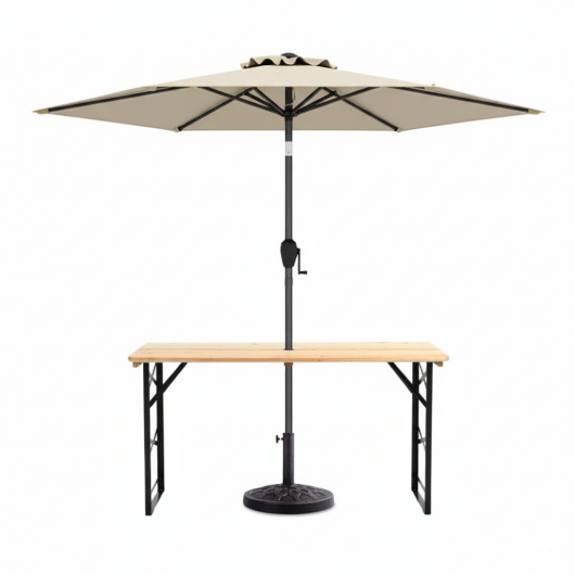 3-Piece Patio Picnic Table Set: Adjustable Wooden Picnic Table + Umbrella + Umbrella Base