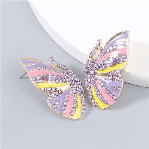 Korean Fashion Butterfly Wholesale Jewelry Rhinestone Inlaid Oil-spot Glazed Women Ear Studs - Purple