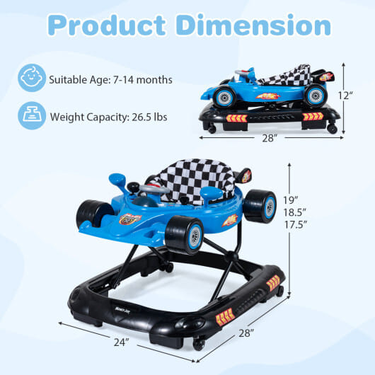 Convertible Baby Walker with 3 Adjustable Height Settings-Blue - Color: Blue