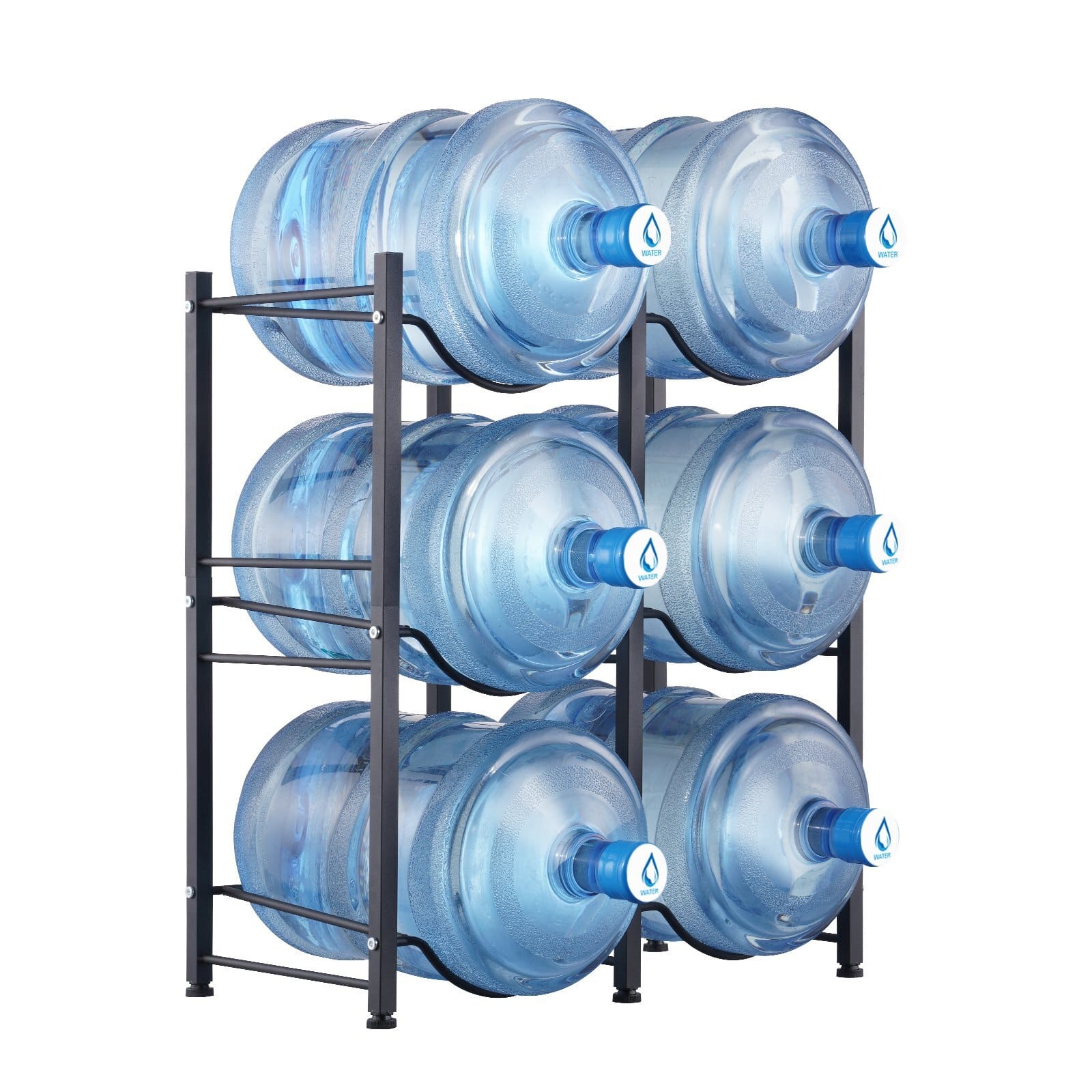 3 Tiers Water Jug Holder, 5 Gallon Water Bottle Holder, Double Row Water Bottle Rack for 6 Bottles, Heavy Duty Water Jug Rack for Kitchen, Office, Living Room, Black