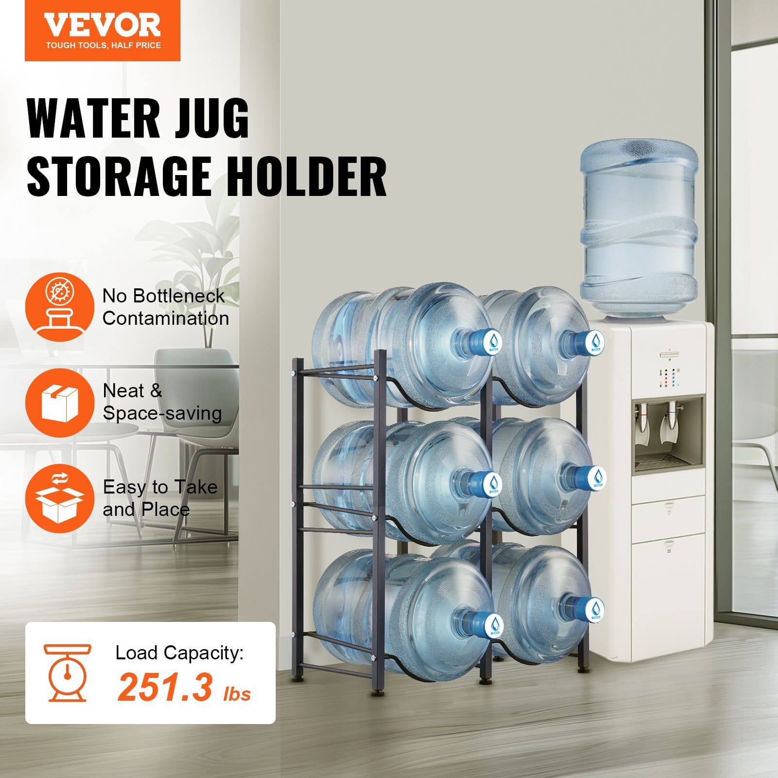 3 Tiers Water Jug Holder, 5 Gallon Water Bottle Holder, Double Row Water Bottle Rack for 6 Bottles, Heavy Duty Water Jug Rack for Kitchen, Office, Living Room, Black