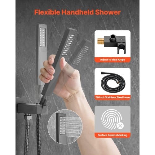 Shower Faucet Set, Rainfall Bathroom Shower System with 12-Inch Square Rain Shower Head and Handheld Spray, Ceiling Mount Bath Fixtures with Brass Valve and Trim Kit, Matte Black